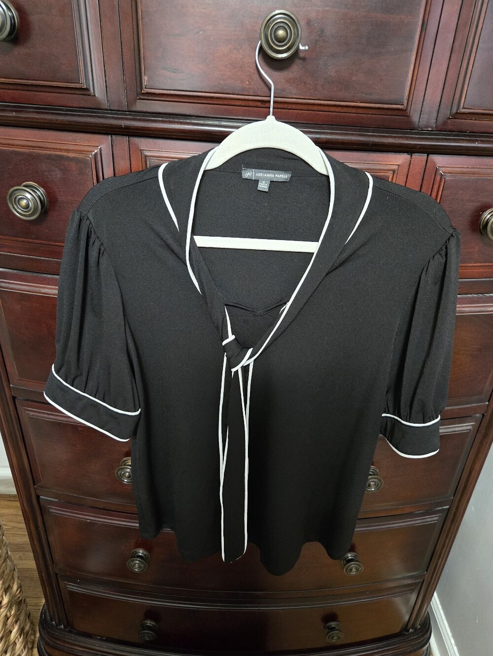 Adrianna Papell Black Blouse with White Piping and Tie-Neck